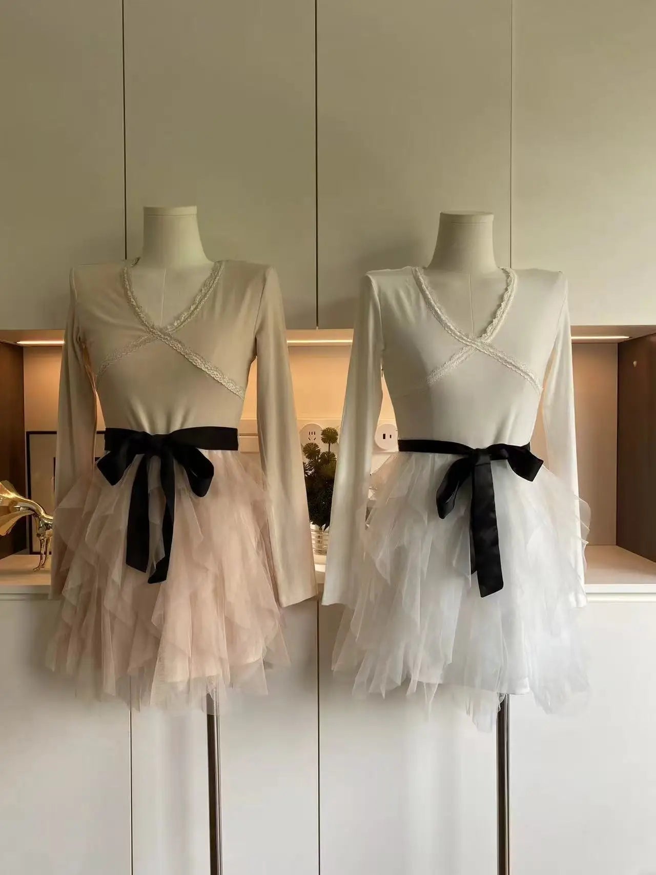 Voguable  French Style Princess Birthday Dress Spring Autumn Women Bownot Long Sleeve Knitted Lace Mesh Dress Fashion Sweet Party Dresses voguable