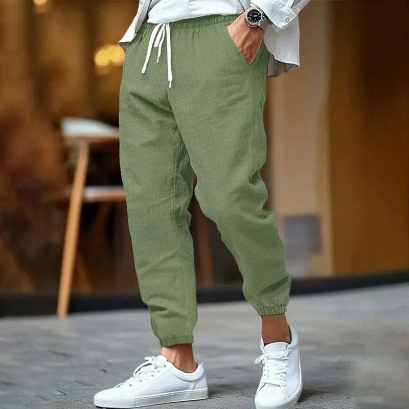 Voguable  Men's Cotton Linen Jogger Pants Spring Summer Elastic Waist Straight Fit Mid Rise Solid Color Breathable Tapered Trousers voguable