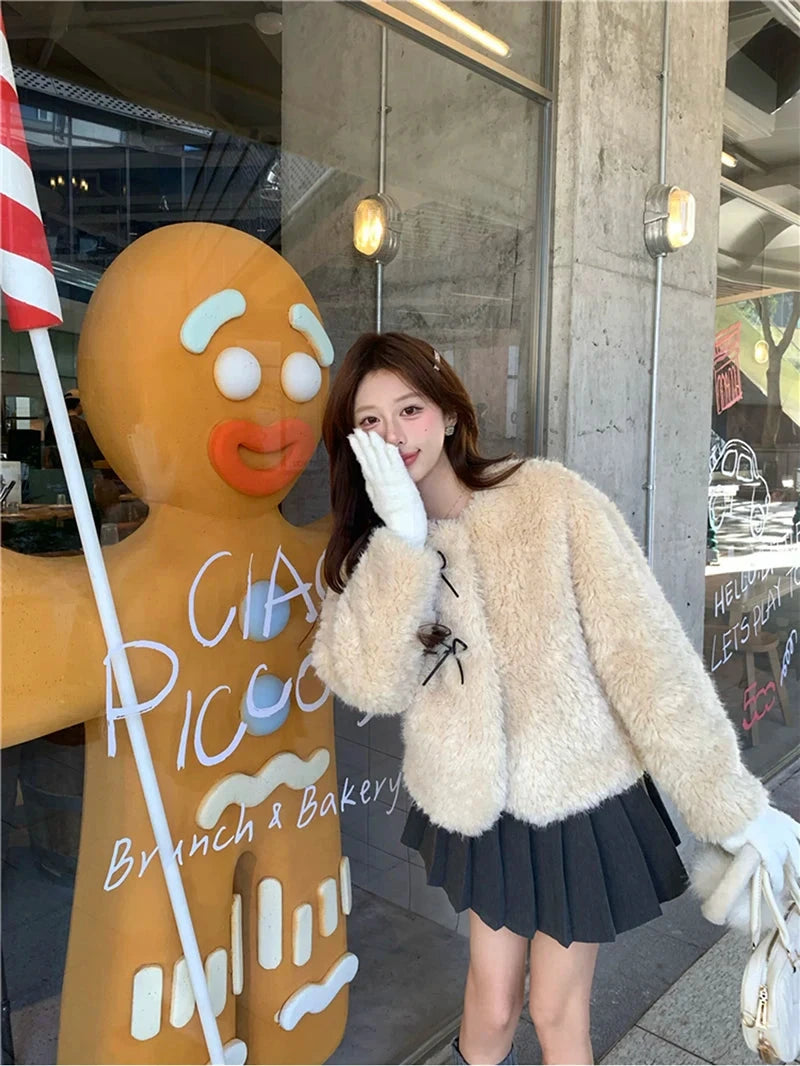 Cute Bow Faux Lamb Coat Women Sweet Winter Long Sleeve O Neck Jacket Slim Warm Korean Female Fashion Preppy Style Outwear Tops voguable