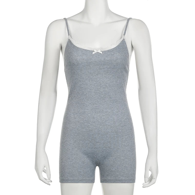 Voguable Chic Elegant Lace Stitching Bow Sleeveless Jumpsuits Shorts Y2K Casual Basic Slim-fitting Rompers Home Fitness Outfits voguable