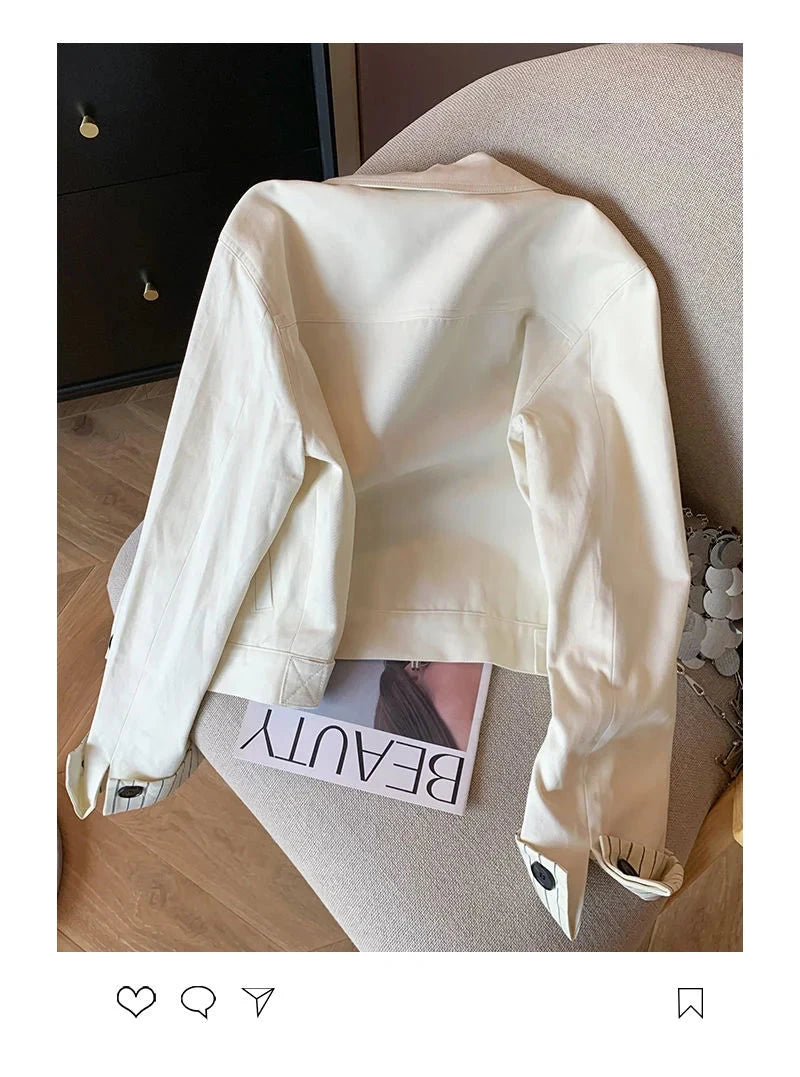 Fashion Sweet Slim Denim Jacket Women Korean Long Sleeve Striped Patchwork Short Coat Fall Winter Female Chic Outwear Tops voguable