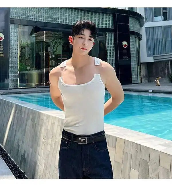 2025 New Fashion Male Vest Patchwork Personality Sleeveless Top Men's Solid Color Slim T-shirt Spring Trendy 9A8204 voguable