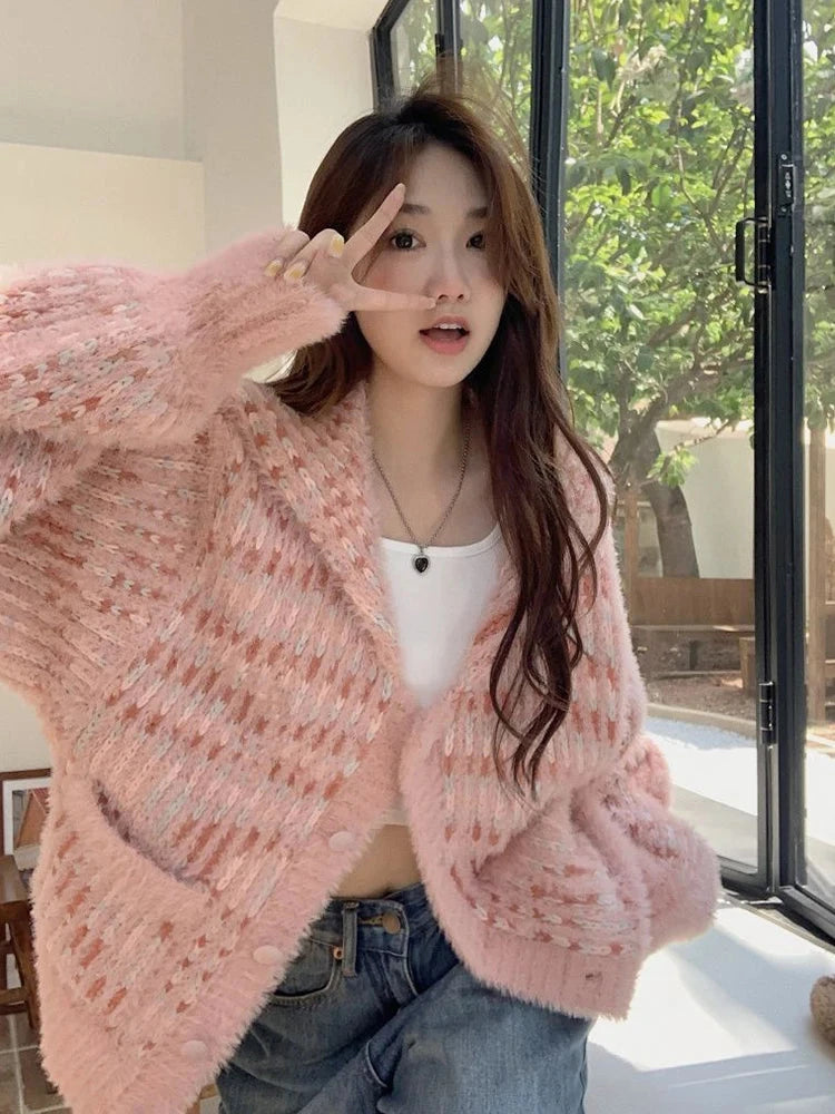 Mohair Sweet Pink Cardigan Sweater Women Elegant Lazy Wind Chic Knitted Coat Loose Long Sleeve Fashion High Quality Tops voguable