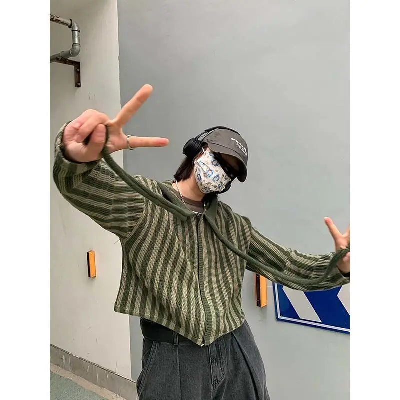 2025 Spring Autumn Korean Hooded Loose Harajuku Sweaters Women Striped Zipper Cardigan Knitted Fashion Gothic Y2k Tops Jumper voguable