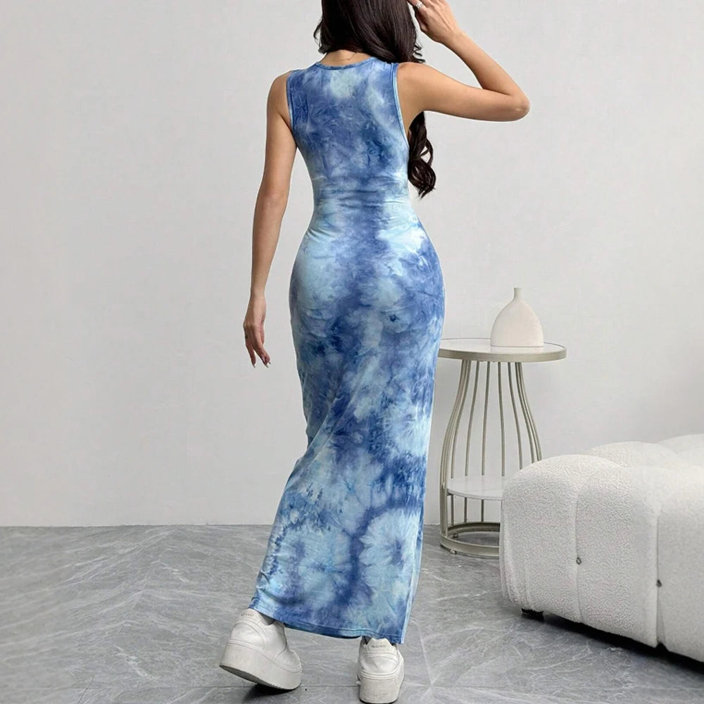 Women's Dresses Summer Elegant Decent 2025 Tie Dye Skinny Fit Sleeveless Round-Neck Wrap Maxi Wrap Party Dresses voguable