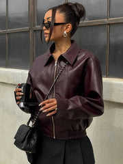 Vintage Solid Color Lapel Zipper Leather Jacket Casual Long Sleeved Elastic Short Women Coat Fall Commuting Street Outerwears voguable