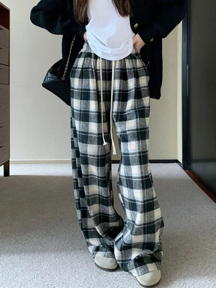 Vintage Faux Woolen Plaid Pant Women High Waist Soft Loose Wide Leg Trousers Casual Female Fall Winter Pockets Retro Y2K Pants voguable
