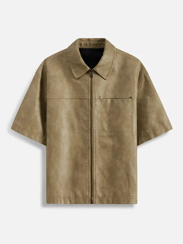Top New US Black PU Leather Short Sleeved Shirt Oversized Mens Loose Men Streetwear Leather Cool Fashion Fitting Leather Shirt voguable