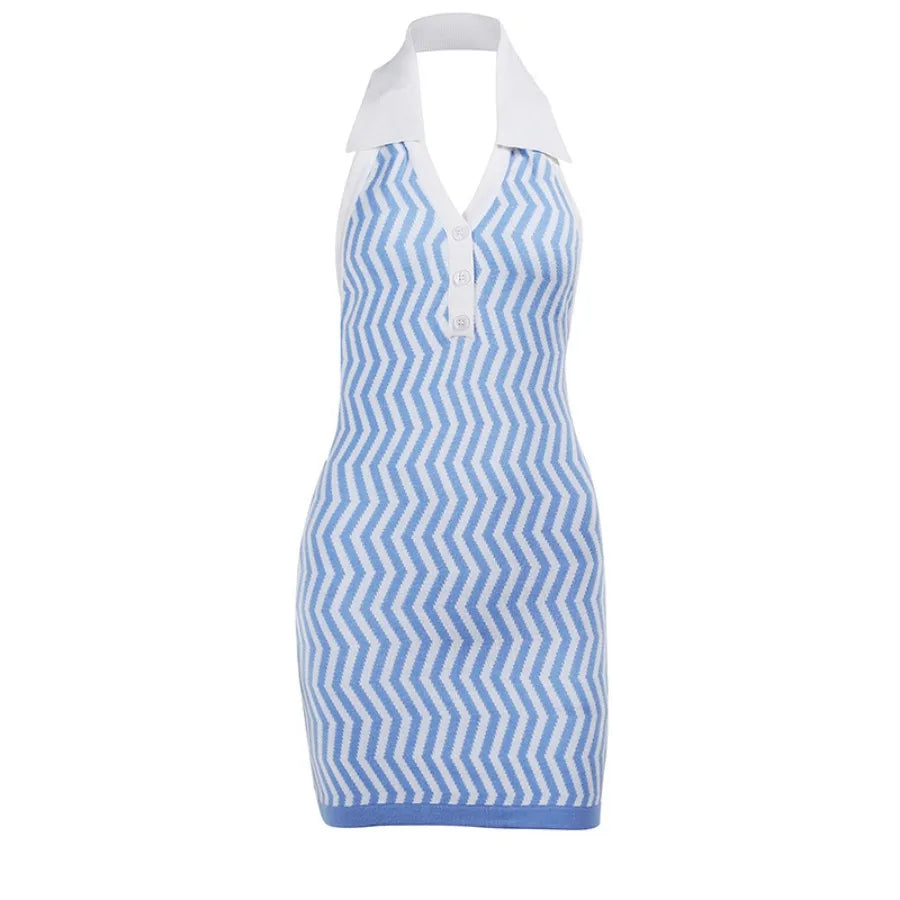 Voguable  new Polo collar contrasting color backless wool woven bag buttocks slimming dress women's summ voguable