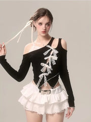 Voguable Summer Women Lace Fake Two Piece Blouse Japanese Style Bow Kawaii Y2k T Shirt Spicy Girl Aesthetics Slim Fashion Tees Chic voguable
