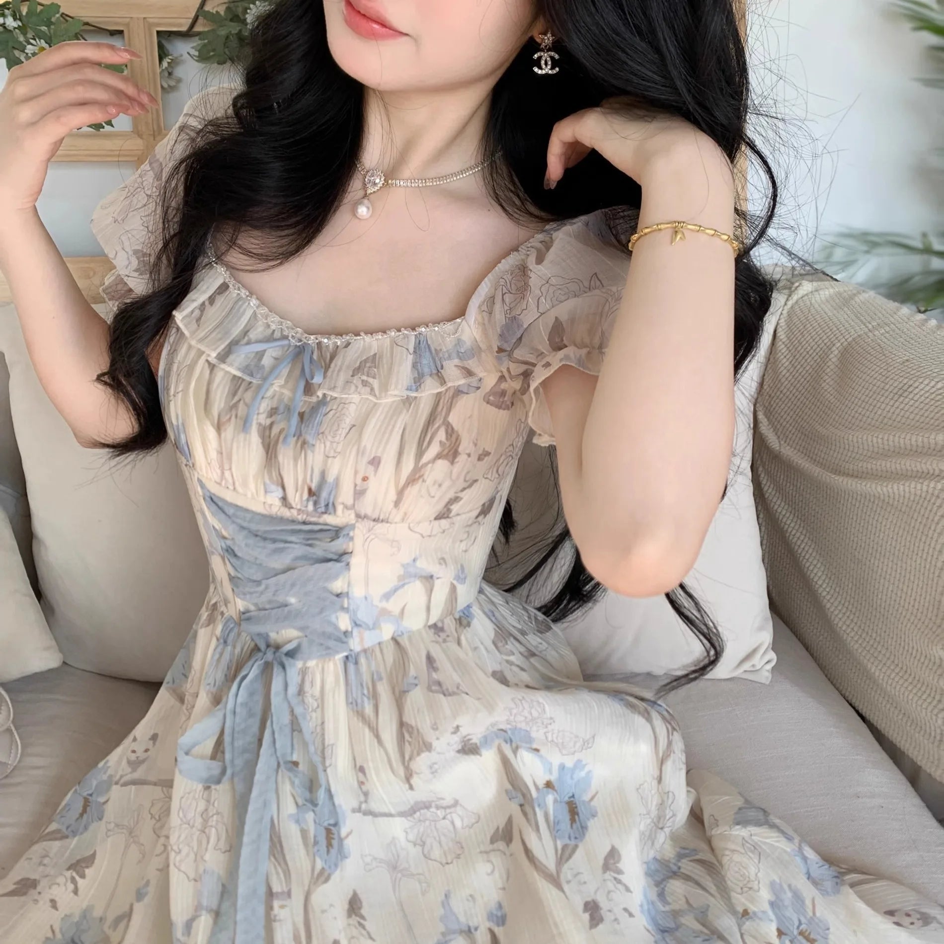 Voguable  Women Ruffles Casual Korean Fairy Dress Female Summer Lace-up Vacation Party Dress Elegant Vintage Floral Midi Dress voguable