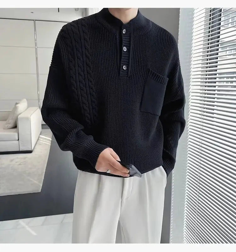 Korean Popular Men's Henry Collar Sweater Light Luxury Knit Long Sleeve Button Pullover Trending Jacquarded Solid Color Knitwear voguable