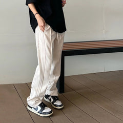 Voguable  Side Stripes Lines American Retro Casual Men Straight Loose Solid Color Versatile Sports Trousers voguable
