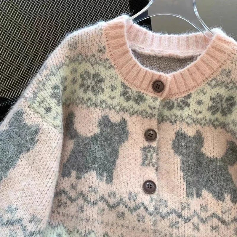 Sweet Pink Cartoon Cardigan Sweaters Women Vintage Lazy Wind Long Sleeve Cute Knitted Coat Casual Japan Kawaii Loose Tops voguable