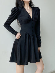 V-Neck Long Sleeve Pleated Party Dress mysite
