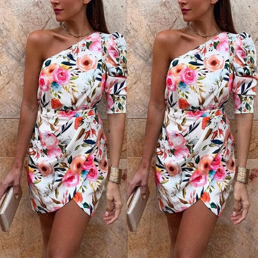Voguable  spring and summer new  European and American women's printed shoulder bag hip skirt high waist slim dress voguable