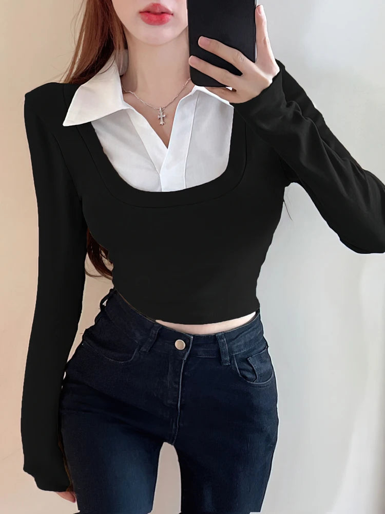 False Two piece Long sleeve Cropped T-Shirt With Collar Women Sexy Body Polo Neck Crop Top Spring Fall Basic Tee Lady Korean New voguable