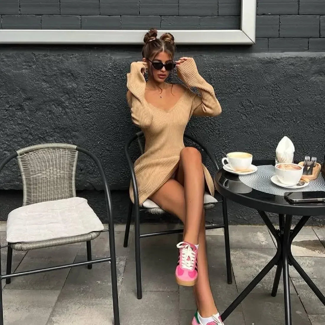 Knitted Off Shoulder V Neck Mini Dress Women's Sexy High Waist Long Sleeve Dress White Knitted Sweater Dress Robe Women
