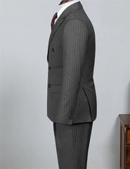 Voguable  Gray Striped Men's Suit 2 Piece Set Man double-breasted Slim Fit Business Formal suit Casual Suit Jacket Pant Groom's suit dress voguable