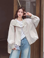 Korean Sweet Chic Jacket Women Loose Fall Long Sleeve Elegant Short Coat Fashion Plaid Patchwork Preppy Style Cute Outwear Tops voguable