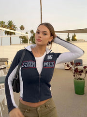 Voguable Patchwork Knitted Cropped Jackets Women Y2K Street Zipper Coats Autumn Fashion Long Sleeves Outerwear Moto & Biker voguable
