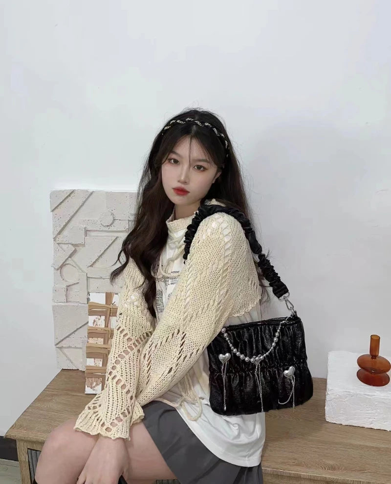 Voguable 2024 Summer New Letter Print Loose Casual Short Sleeve T-Shirt Women + Hollow Sunscreen Lace-Up Knit Sweater Two-piece Suit voguable