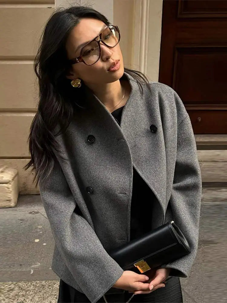 Women's Woolen Coats Loose Casual Retro Double Breasted Stand Collar Short Jacket Office Lady Outerwear Autumn Winter 2024 voguable