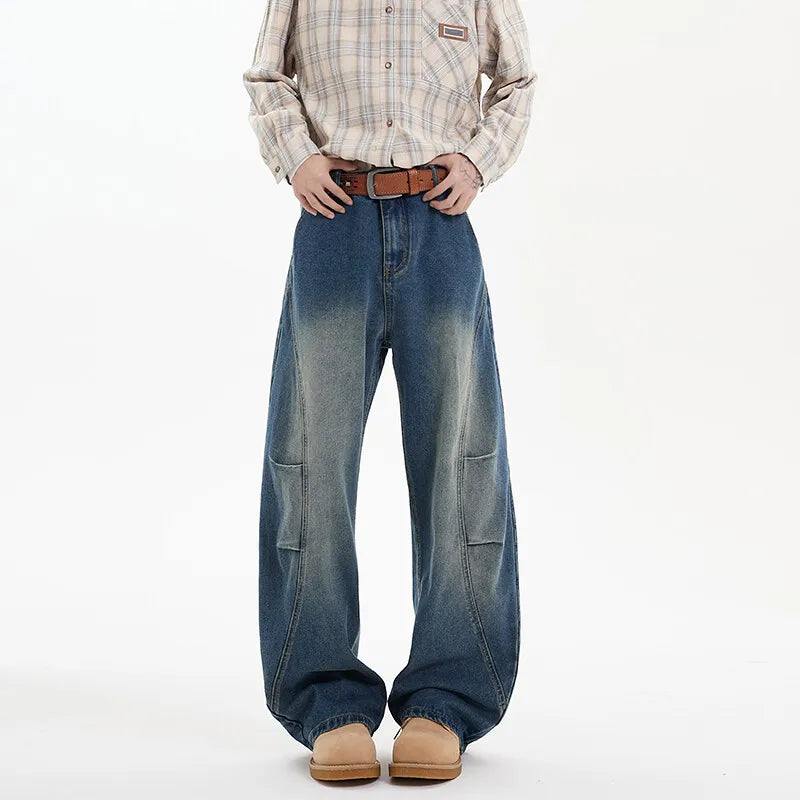 2025 Spring New Trendy Jeans Patchwork Design Male Gradient Color Washed Straight Male Denim Pants Wide Leg Mopping pants voguable