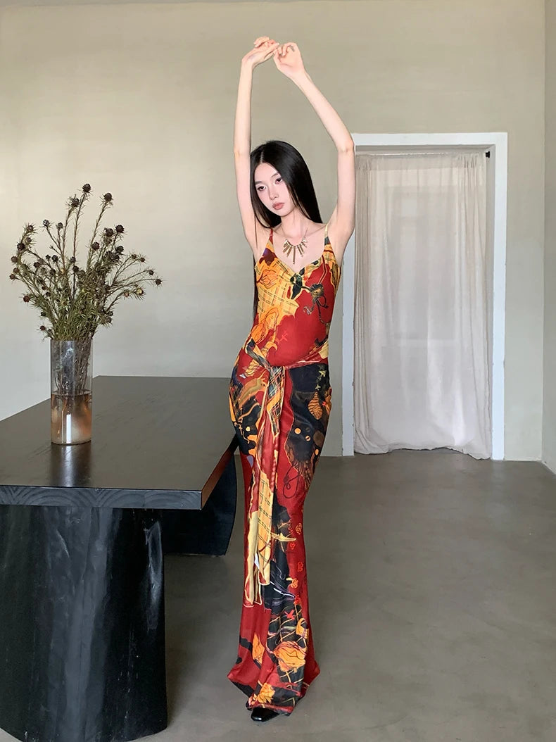 Designer Painted Long Dress For Woman Summer 2025 Mesh V Neck Sundress Boydocn Maxi Slip Dress Fashion Clothes voguable