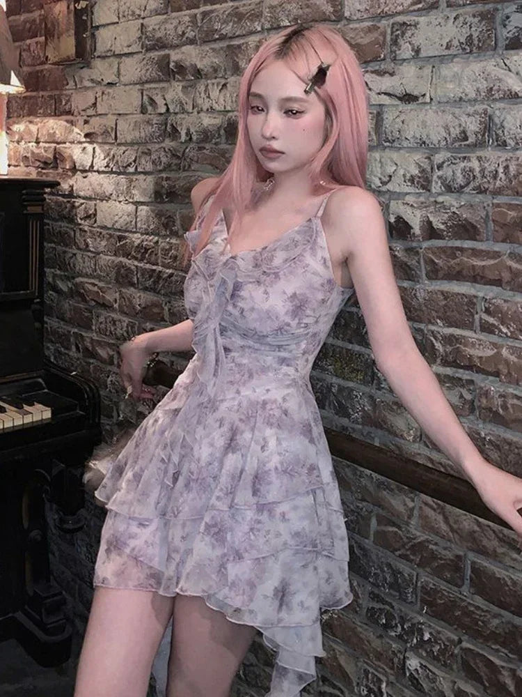 Voguable Vintage Sweet Party Mini Dress Women Ruffles YK2 Floral Print Korean Fashion Designer Sexy Strap Dress Summer New Female voguable