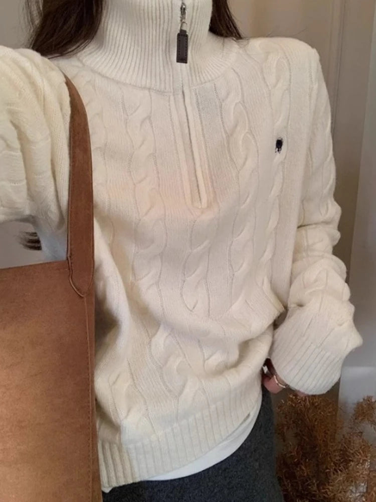 Voguable  Y2k Vintage Streetwear Knitted Pullovers Women Korean Style Casual Losse Zipper Solid Embroidery Sweater Autumn 2024 voguable