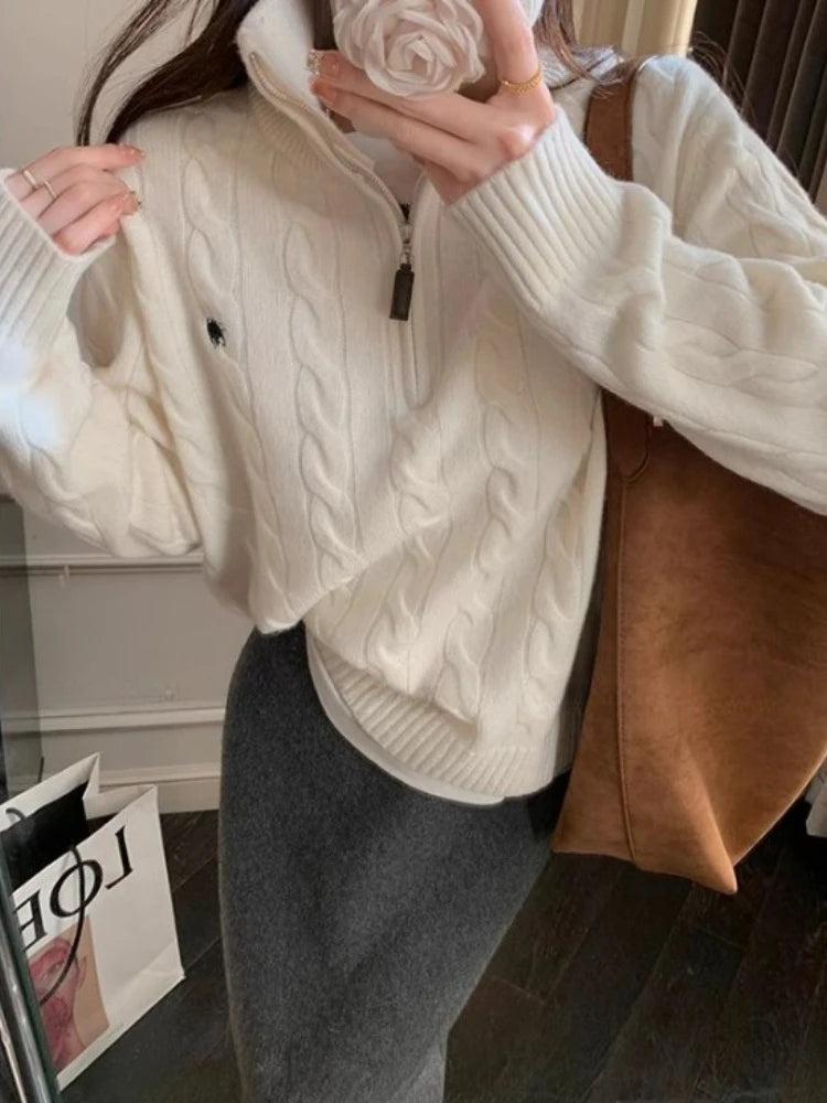 Voguable  Y2k Vintage Streetwear Knitted Pullovers Women Korean Style Casual Losse Zipper Solid Embroidery Sweater Autumn 2024 voguable