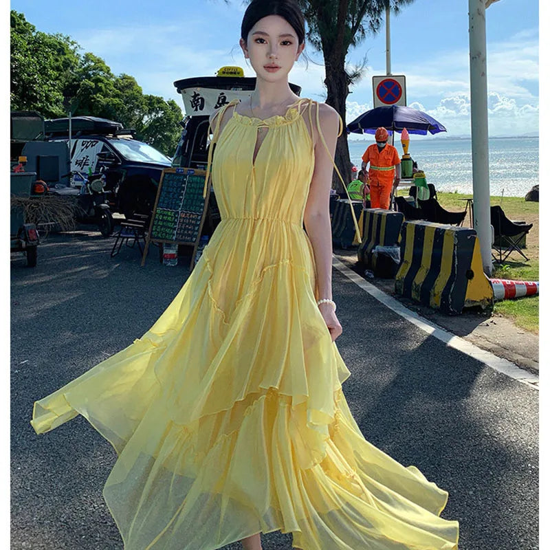 Voguable  Boho Yellow Tie Strap Maxi Dress for Women Ruffled Neck Keyhole High Low Hem Flowy Chiffon Dresses Summer Commute Beach Vacation voguable