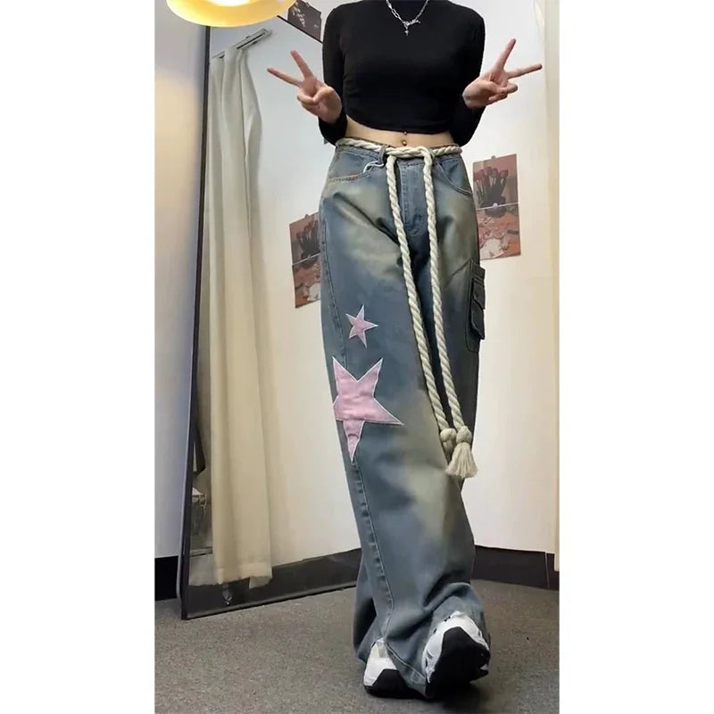 Voguable Women Baggy Star Jeans Vintage Harajuku Oversize High Waist Denim Trouser Emo 2000s Y2k 90s Aesthetic Wide Pants Trashy Clothes voguable