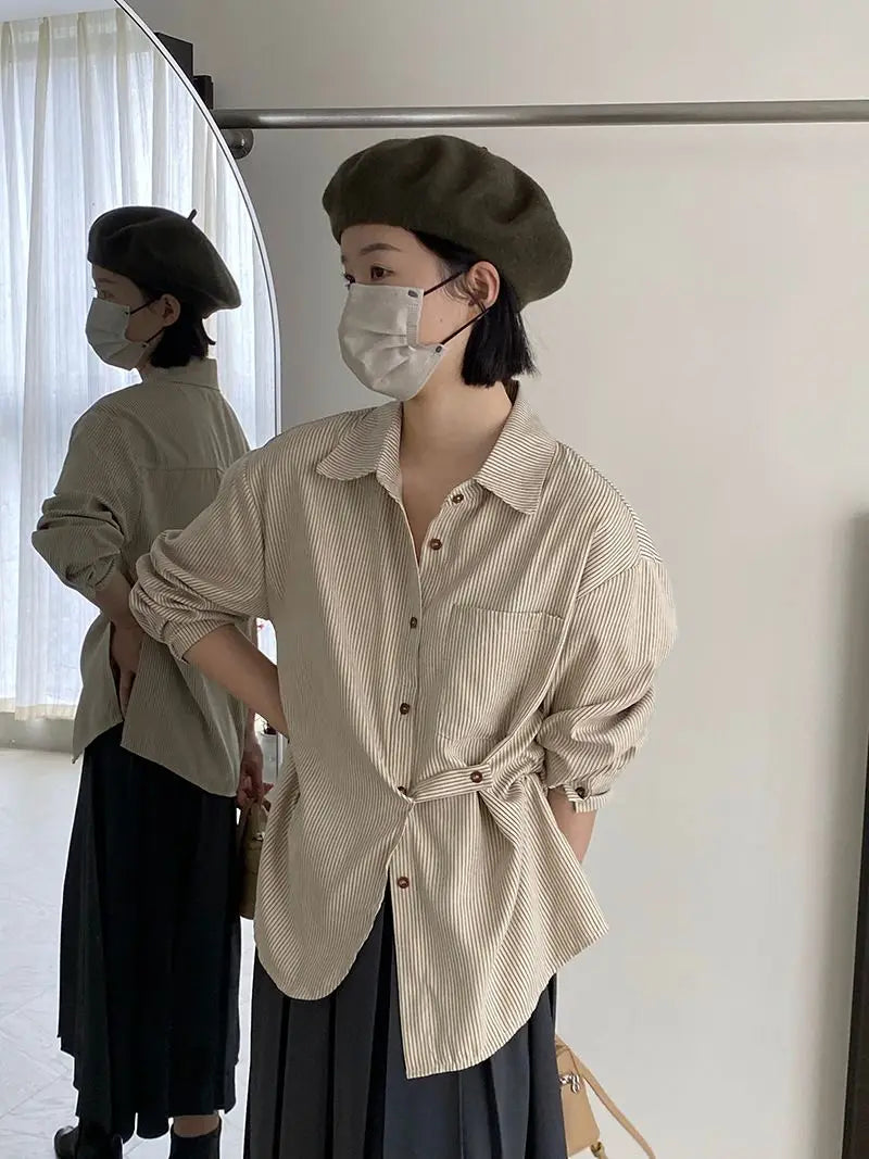 Voguable Vintage Striped Long Sleeve Shirt Woman Oversized Button Up Blouses Japanese Style Harajuku Fashion Spring Casual 2024 voguable