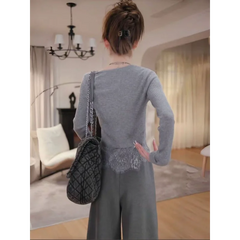 Voguable  Two-piece Lace Spliced   knitted Cardigan for Women in Autumn New Slim Long-sleeved Jacket voguable