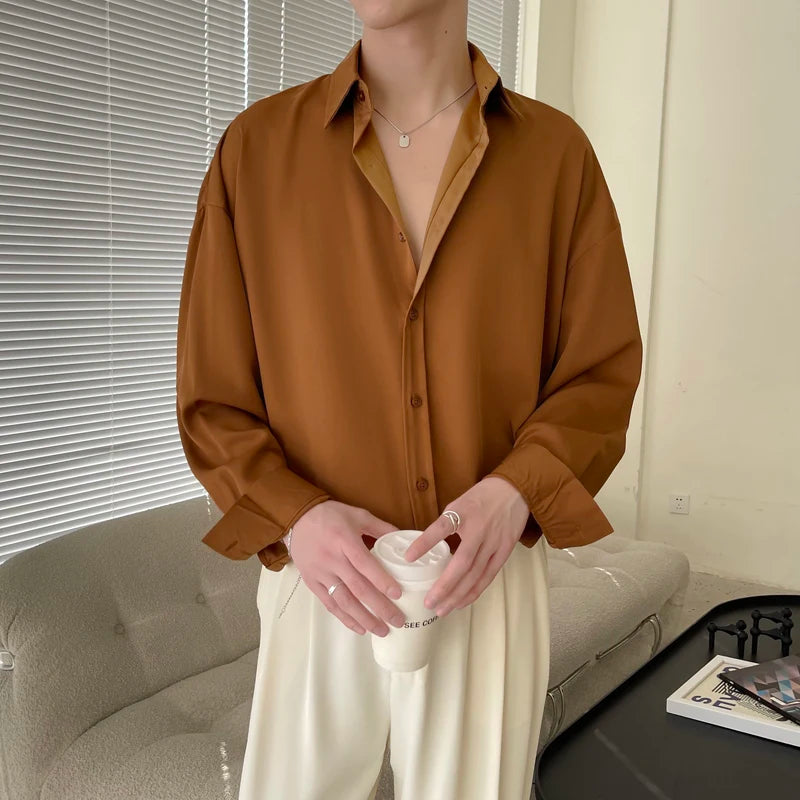 Voguable White Long Sleeved Shirt Men Oversized Fashion Social Men Dress Shirt Korean Loose Ice Silk Shirt Men Office Formal Shirts voguable