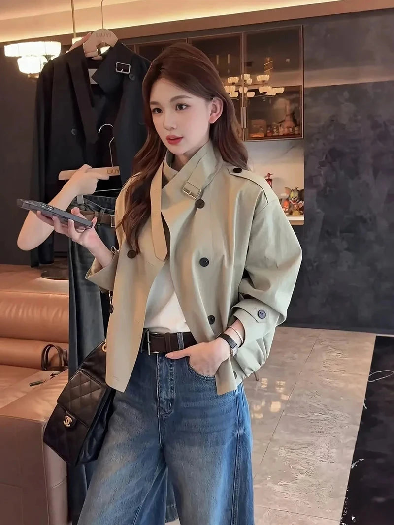 England Stand Collar Jacket Women Loose Long Sleeve Vintage Short Coat Fall Causal Double Breasted Lady Elegant Design Tops voguable