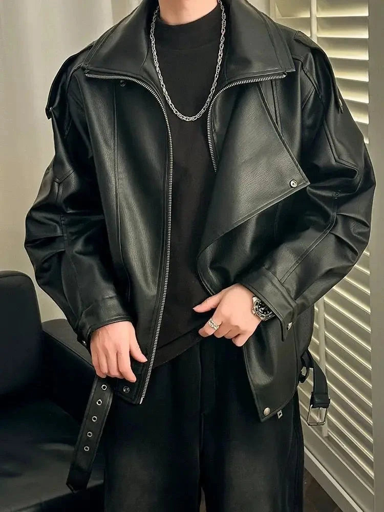 American Spring Autumn Retro PU Jacket Stand Collar Cargo Motorcycle Leather Coat Men Women Trend Casual PU Leather Jacket Urban voguable