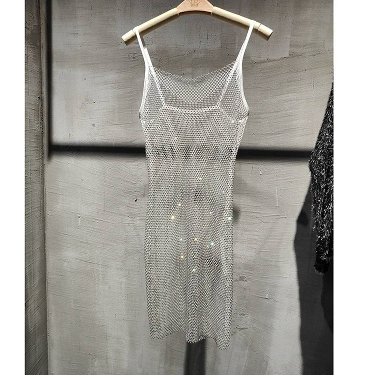 Voguable  Bungee Sexy Slim Slim Women's Summer New Bright Diamond Crystal Temperament Bag Hip Sling Mid-length Dress Fashion Trend voguable