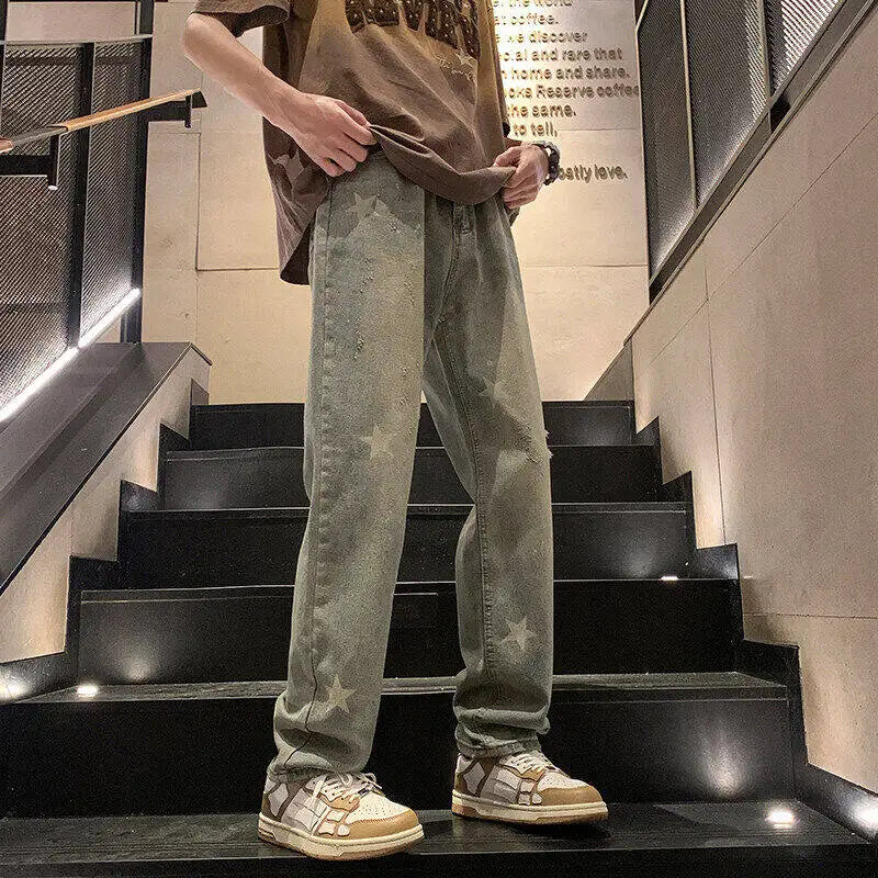 Straight Leg Plus Size Jeans men Vintage Wash Distressed Ripped Star Print Fashion Casual High Quality Trousers Men Retro Style voguable