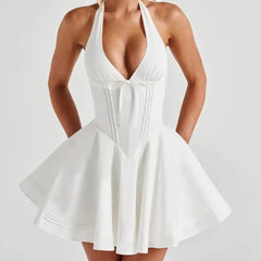 Sexy Deep V Halter White Mini Dress Women Fashion Backless A-line Elegant Party Dresses Summer Robe Lace Up Vestidos voguable