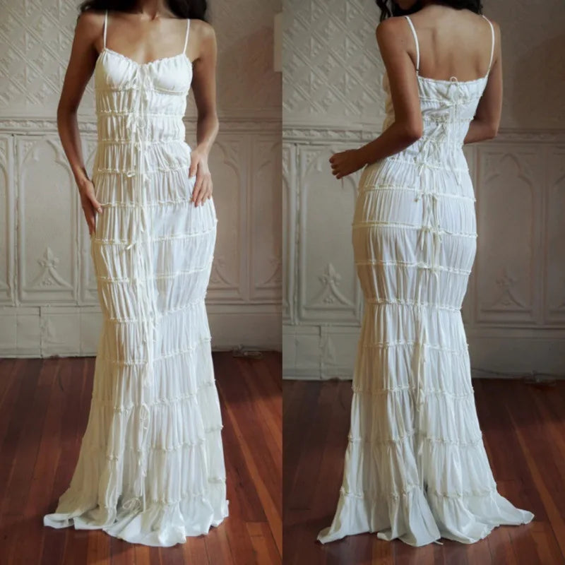 New Summer Chiffon Beige Solid Color Lace-ups Slim Slip Dress Ruffle Chic Party Beach Fashion Long Dress For Women voguable