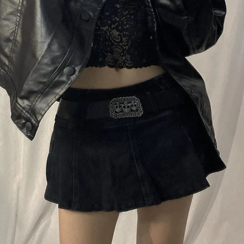 Harajuku Y2k Denim Skirt Women Dark Gothic Streetwear Mini Skirt with Skull Belt Mall Goth Punk Grunge Sexy Emo Clubwear voguable