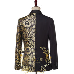 Voguable  Double Breasted Black Gold Floral Jacquard Slim Fit Mens Suits Wedding Groom Tuxedos Party Jacket Pant Terno Masculino voguable