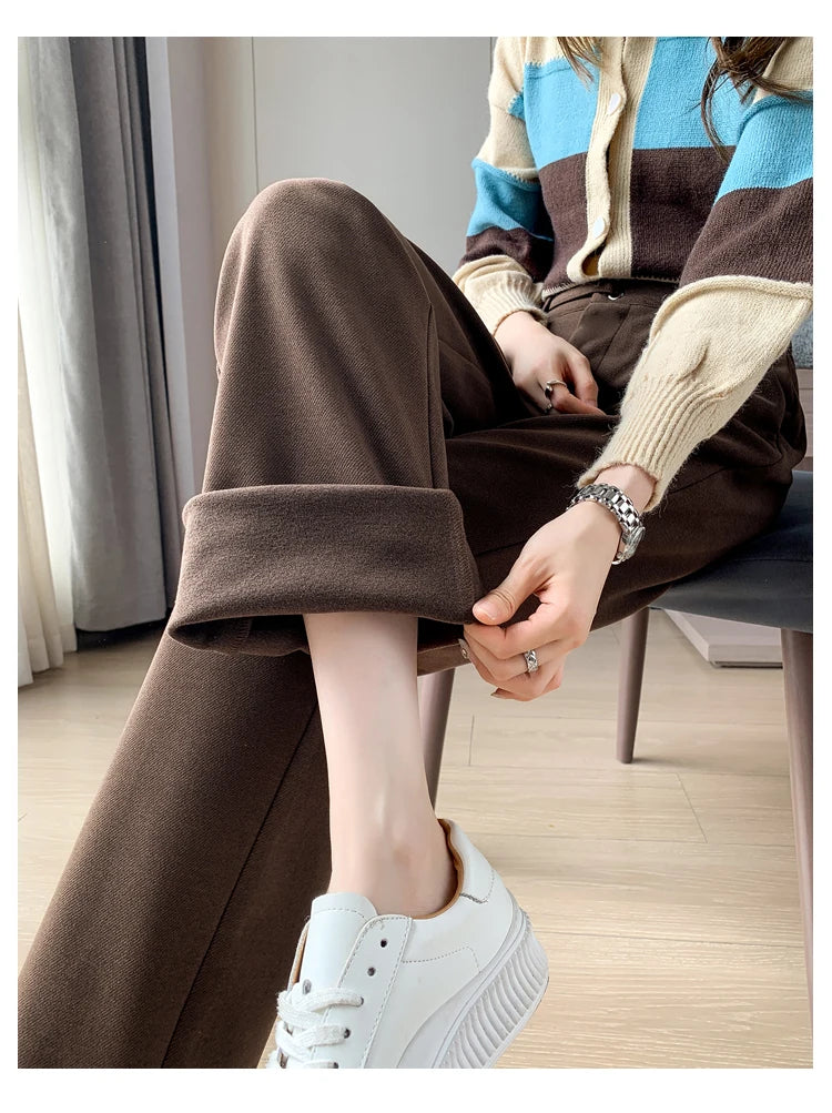 Voguable Winter Thick Loose Casual Female Wide Leg Pants Pure Color Chic Buttons Straight Slim Fashion Women Pants Black Apricot voguable