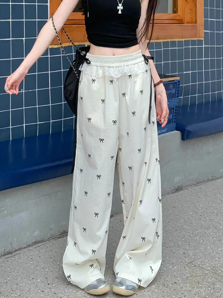 Bow Print Sweet Wide Leg Pant Women Loose Elegant Lace Patchwork Trousers Summer Vintage Cute High Waist Lady Casual Pants voguable