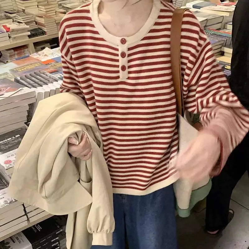 Voguable  Vintage Women Striped Knit Sweater Button Crew Neck Long Sleeve Casual Pullover Woman Spring Autumn Loose Fit Casual Sweater Top voguable