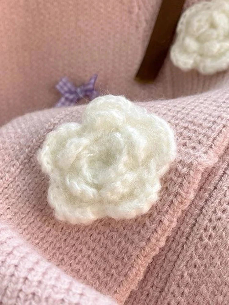 3D Floral Sweet Bow Cardigan Sweaters Women Preppy Style Loose V Neck Korean Knitted Jacket Casual Fashion Long Sleeve Fall Tops voguable