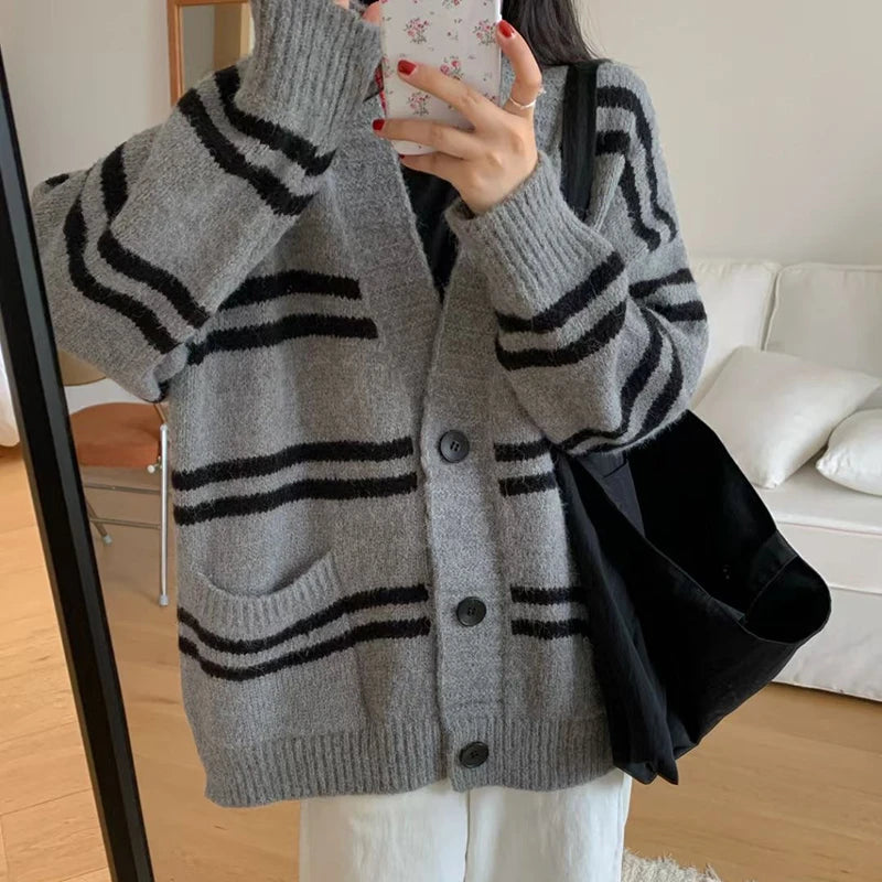 Women Cardigan Sweater Striped V-neck Button-up Sweater Jacket Comfy Cozy Slouchy Cardi Autumn Winter Casual Outfit voguable
